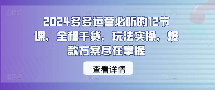 2024多多运营必听的12节课，全程干货，玩法实操，爆款方案尽在掌握-千寻创业网