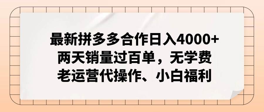 （12869期）拼多多最新合作日入4000+两天销量过百单，无学费、老运营代操作、小白福利-千寻创业网