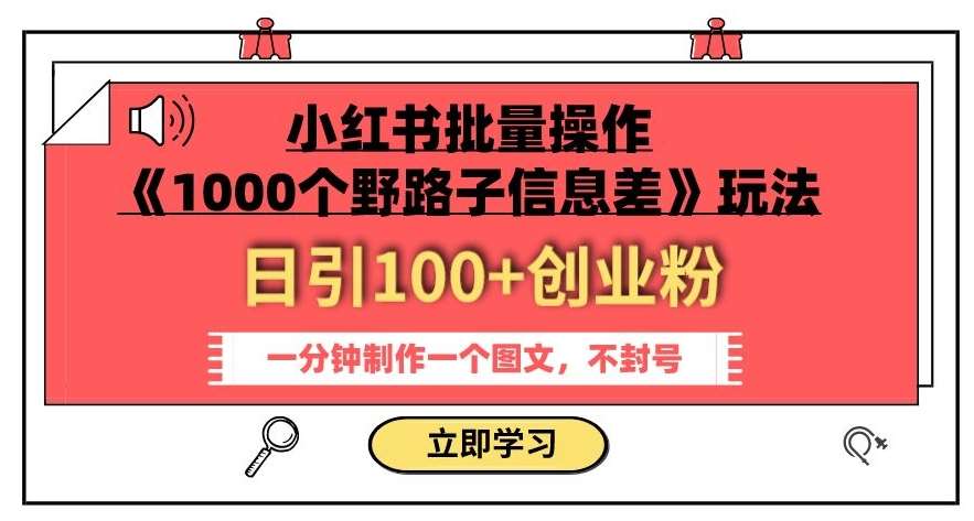 小红书批量操作《1000个野路子信息差》玩法，一分钟制作一个图文，不封号，日引100+创业粉-千寻创业网