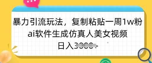 暴力引流玩法，复制粘贴一周1w粉，ai软件生成仿真人美女视频，日入多张-千寻创业网